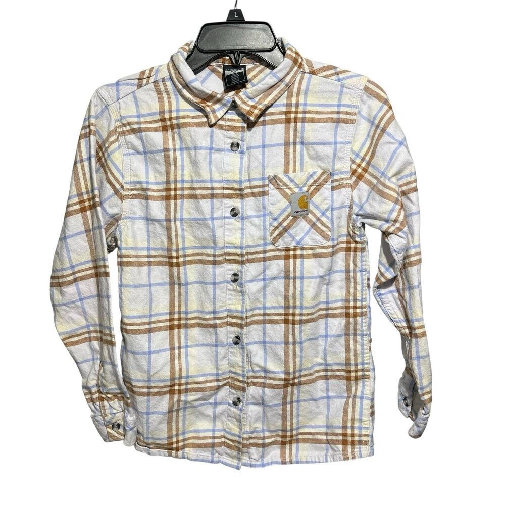 Carhartt Youth Large 12 White Plaid Flannel Shirt Long Sleeve Button Up outdoor